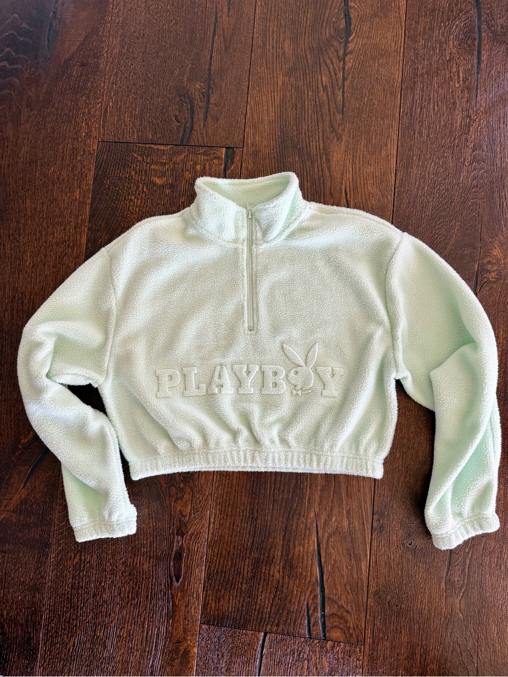 PacSun x Playboy Mint Green Plush Sherpa Fleece Half-Zip Cropped Sweater
